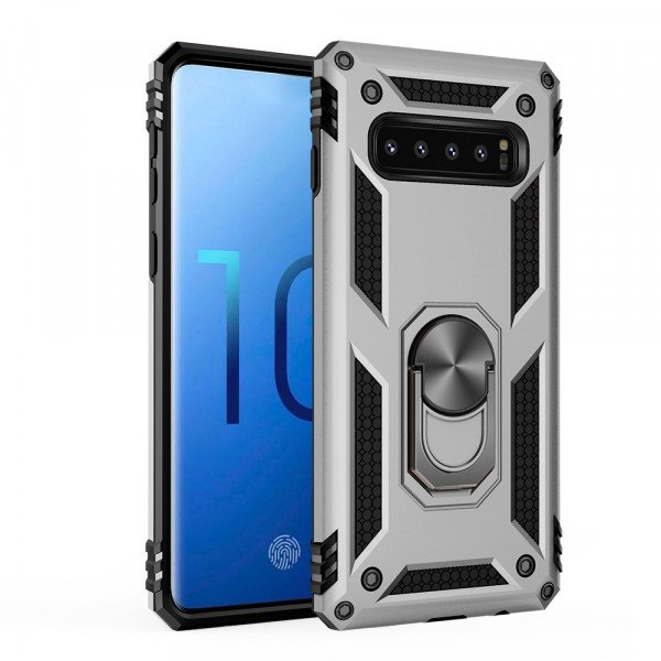 Wholesale Galaxy S10 Tech Armor Ring Grip Case with Metal Plate (Silver)